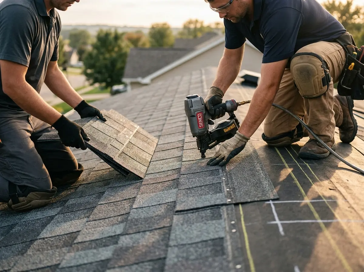 Professional roofer working on a residential roof in Pottstown